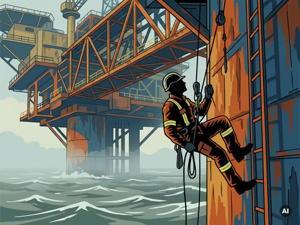 Touwtoegangstechnicus in veiligheidsuitrusting rappelleert langs de roestige staalwand van een offshore olieplatform boven open zee.