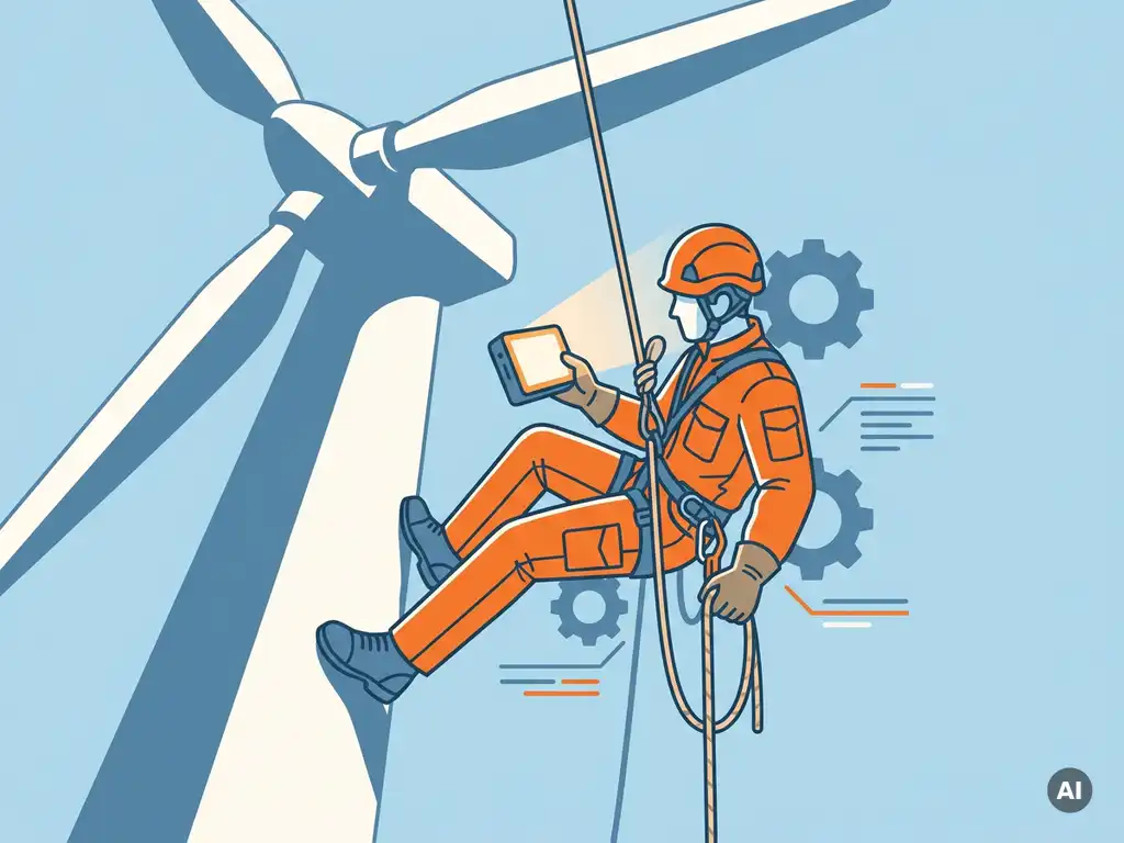 Touwtoegangstechnicus inspecteert windturbine hangend aan touw, platte vectorillustratie in staalsblauw, oranje en wit.