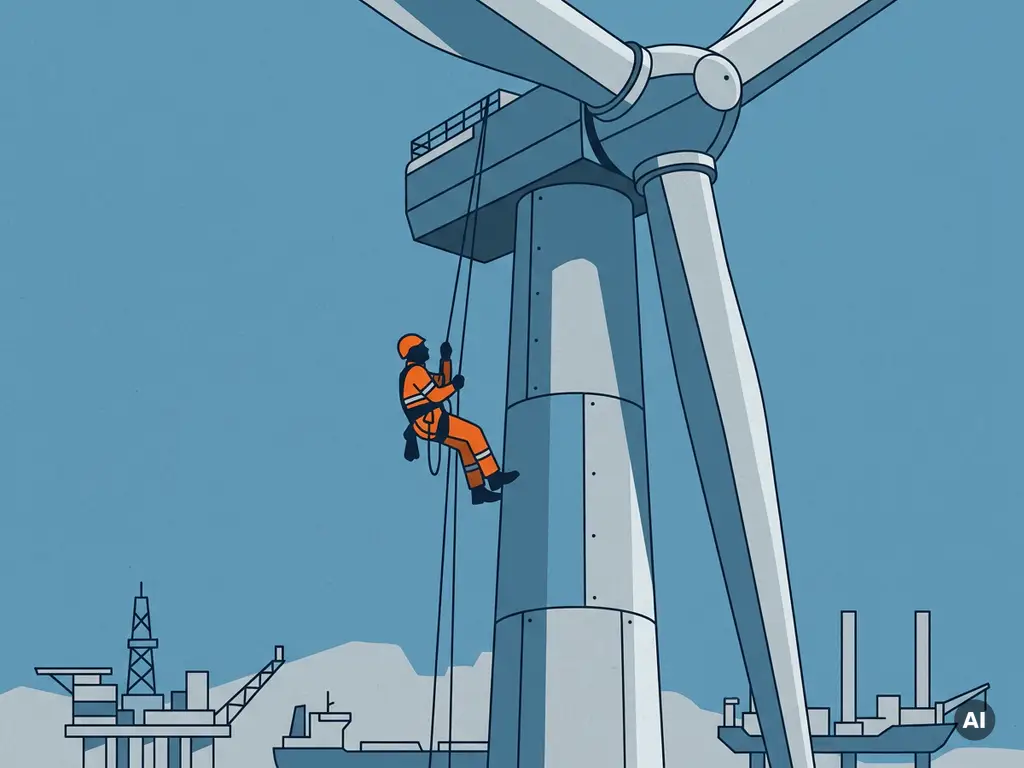 Touwtoegangstechnicus inspecteert stalen oppervlak van windturbine, hangend aan touw tegen open lucht met offshore-infrastructuur.