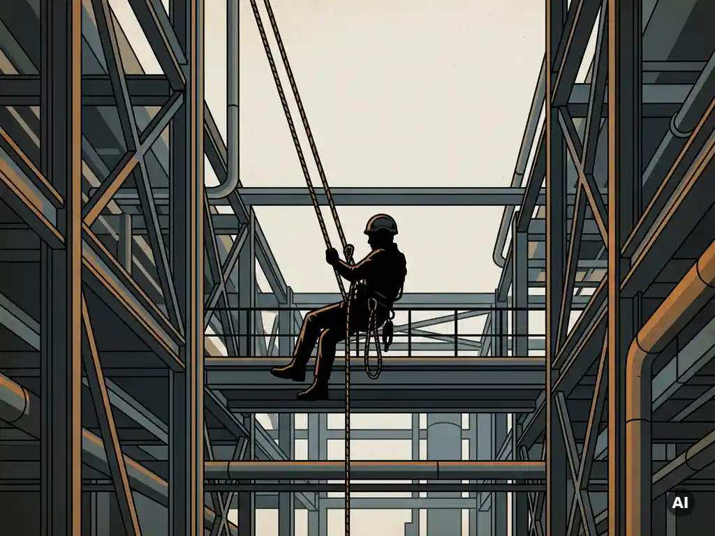 Touwklimmer daalt af langs een grote industriële staalconstructie met veiligheidsharnas en touwen tussen buizen en verweerd metaal.