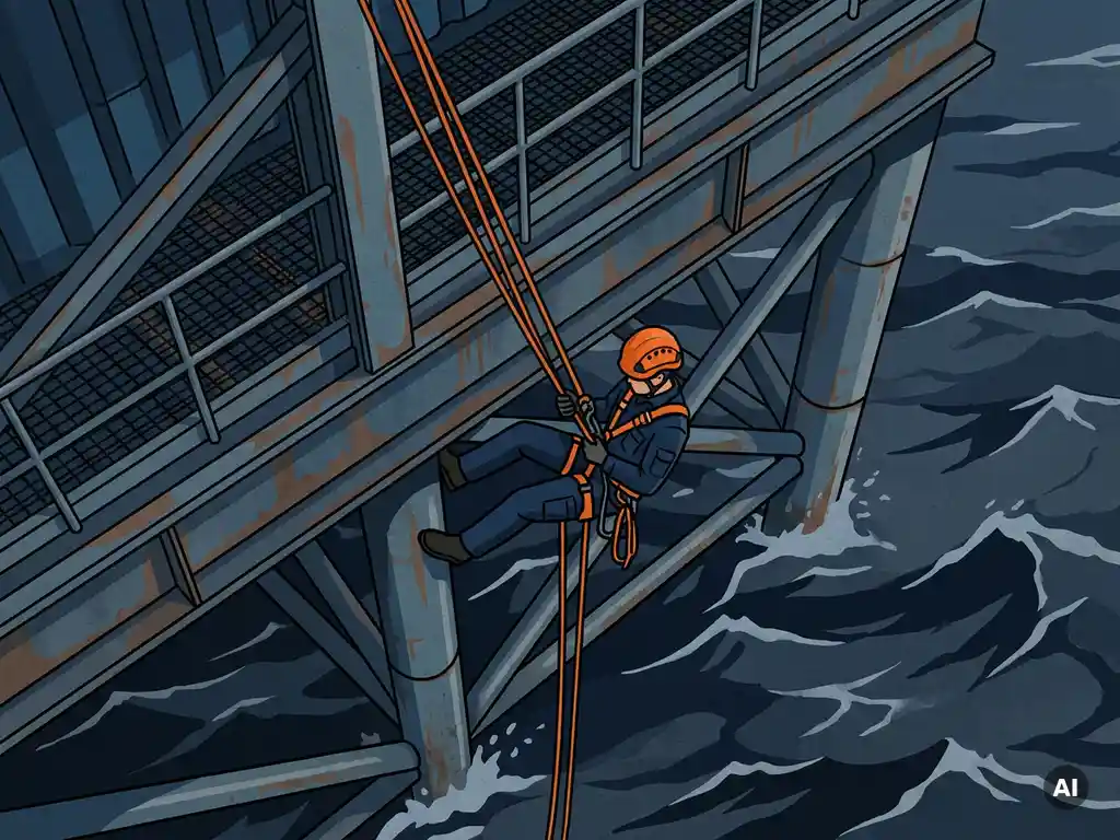 Touwtoegangspecialist in veiligheidsharnas daalt af langs offshore olieplatform boven woelig donker zeewater.