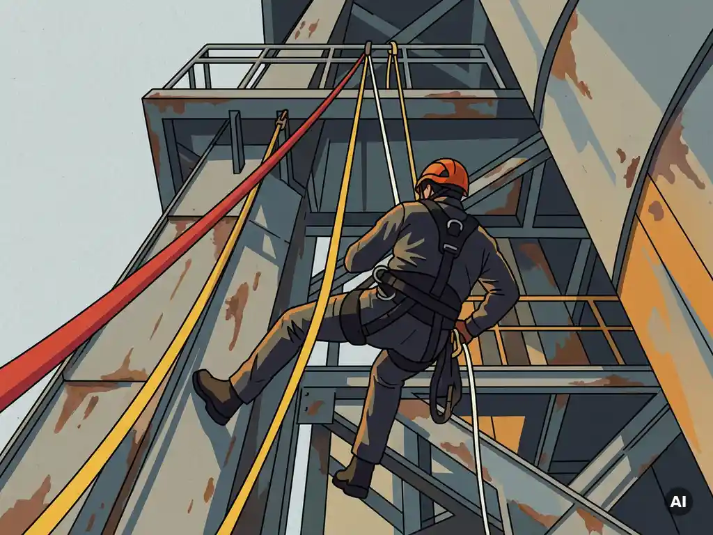 Touwtoegangstechnicus in harnas en helm hangt aan rode, gele en witte touwen tegen verweerde industriële staalstructuur.