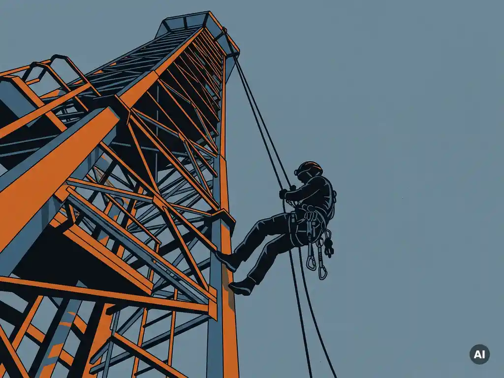 Touwtoegangstechnicus daalt af langs industriële constructie aan twee touwen, uitrusting en karabijnhaken scherp zichtbaar vanuit lage hoek.